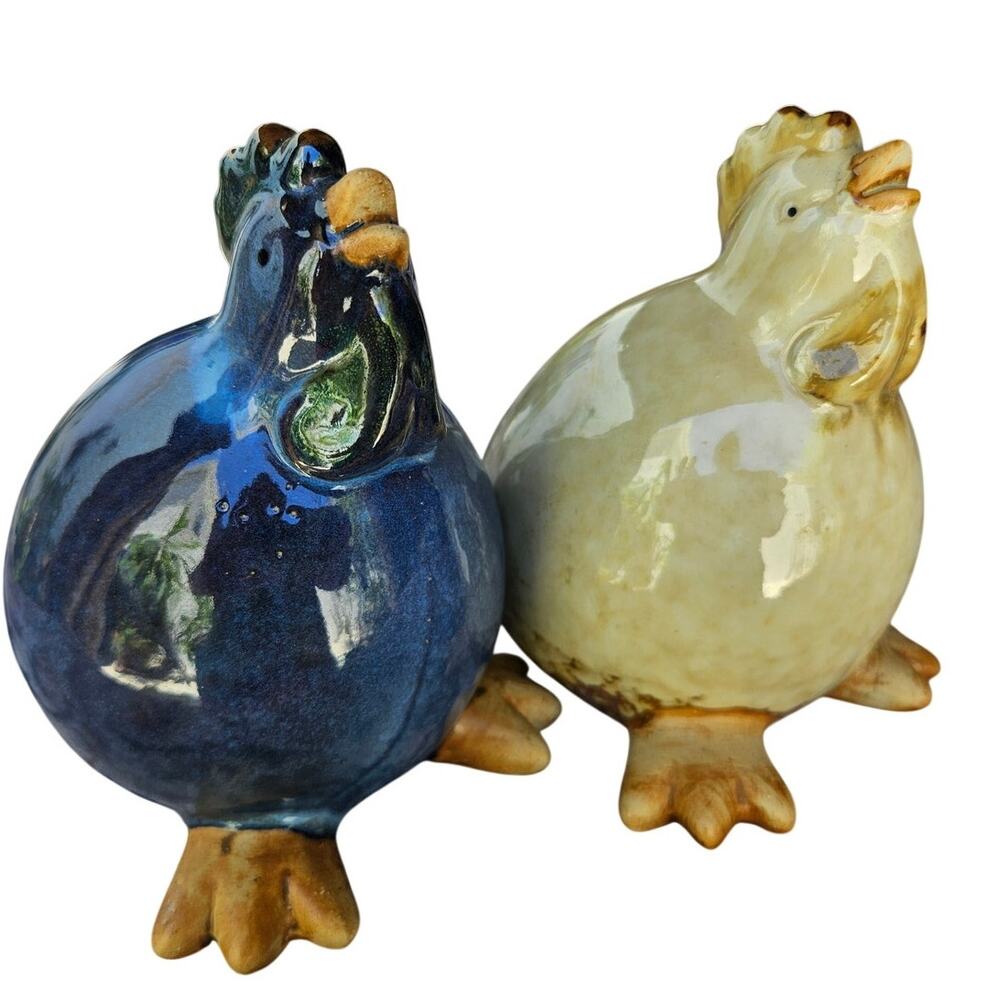 Vintage? Blue and ivory bulbous handmade chickens ceramic 6x4.5 #51 #60